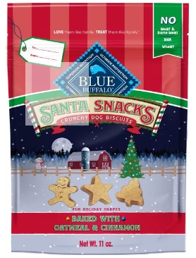 Blue Buffalo Christmas Santa Snacks Crunchy Dog Biscuits, Natural Holiday Treats, Baked with Oatmeal & Cinnamon Recipe, 11-oz bag