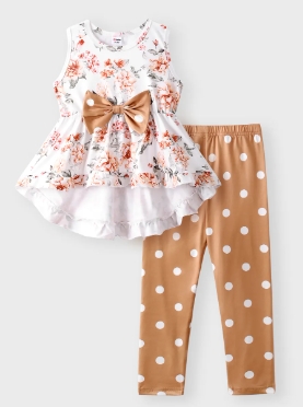 Toddler Girl 2-Piece Floral Bowknot Ruffled High Low Sleeveless Top and Polka dots Pants Set