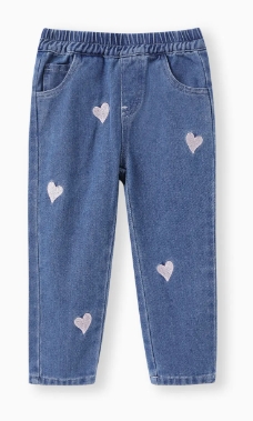 Toddler Girl Heart Embroidered Elasticized Blue Denim Jeans