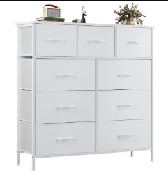 ZUNMOS Fabric Storage Dresser with 9 Drawers, Steel Frame and Wooden Top for Bedroom, Closet and Entryway , White