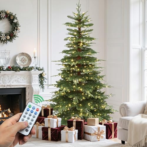 YITAHOME Pre-Lit Aspen Fir Artificial Christmas Tree 6.5ft with Remote, Layered Christmas Tree with Crystal Decorations, Noble Holiday Decor with 900 PE & PVC Mixed Branch Tips, 500 Lights, Green Green With Crystal Decor 6ft 6in