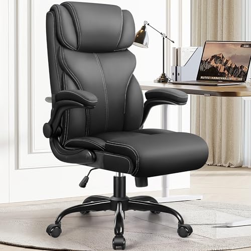 HeroSet Office Chair, Ergonomic Big and Tall Computer Desk Chairs, Executive Breathable Leather Chair with Adjustable Flip-up Armrests, Lumbar Support Swivel PC Chair with Rocking Function Matte Black 5066H