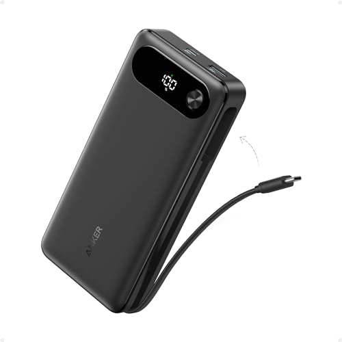 Anker Power Bank, 20,000mAh Travel Essential Portable Charger with Built-in USB-C Cable, 3-Port 87W Max Fast Charging Battery Pack, for MacBook, iPhone 16/15 Series, Samsung, Switch, and More Black