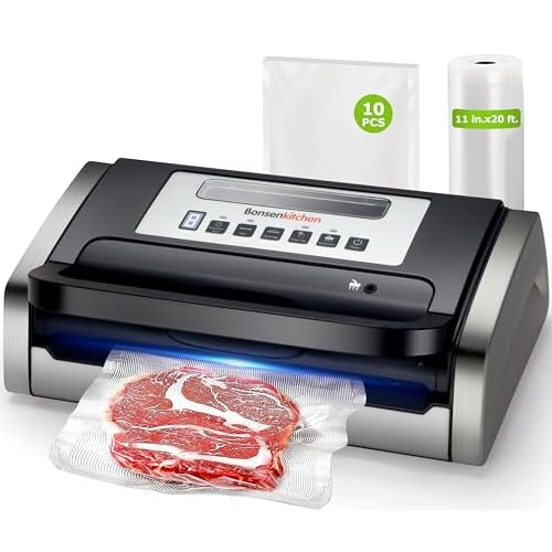 Bonsenkitchen Vacuum Sealer Machine, Globefish Technology for Perfect Vacuum Sealing, Powerful Low-Noise Food Vacuum Sealer with Easy Handle Design, Built-in Cutter & Bag Storage, 1 Bag Roll & 10 Bags