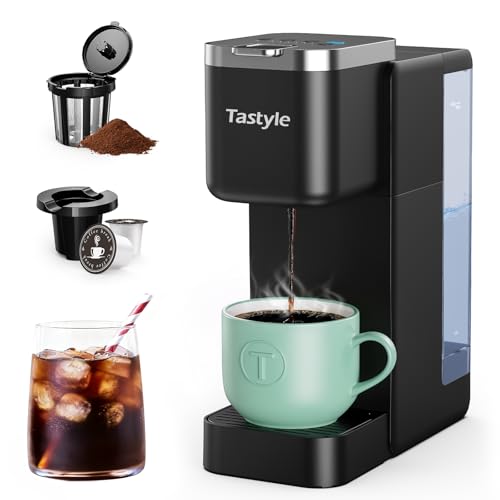 Tastyle Single Serve Coffee Maker, Iced and Hot Coffee Machine for K Cup & Grounds, Compact Design, 40oz Removable Water Reservoir, 6 to 24 Oz Brew Sizes, Fits 7.3" Travel Mug, Black