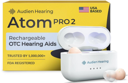 Audien Atom Pro 2 Hearing Aid - Wireless Rechargeable OTC Hearing Aids for Seniors & Adults, Nearly Invisible, Premium Comfort Design