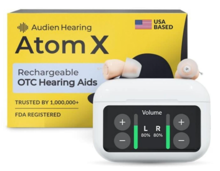 Audien Atom X Hearing Aid For Seniors & Adults with Hearing Loss - Noise Cancelling, Rechargeable OTC Bluetooth Hearing Aids w/Charging Case, 48+ Hour Battery Life, Touchscreen Control, Nearly Invisible Design