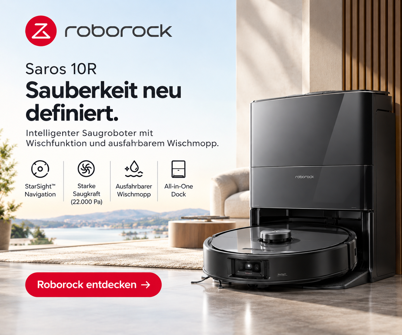 44 % Rabatt auf den Roborock Saros 10R Saugroboter mit Wischfunktion und aufsteckbarem Wischmopp